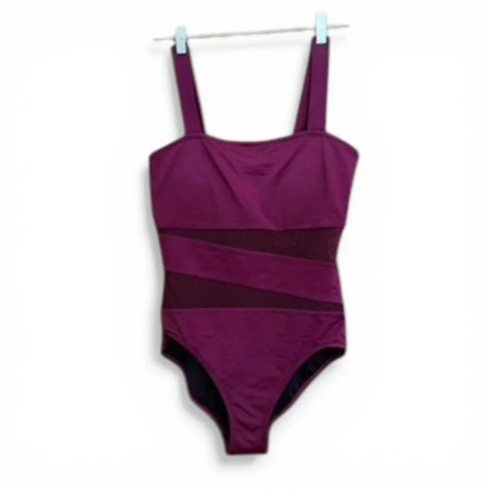 Carmen Marc‎ Valvo Swimsuit Womens 14 Burgundy One Piece Mesh C94809 Square Neck